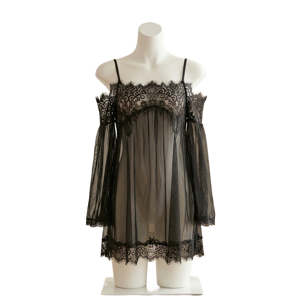 Babydoll Chemise Night - Lingerie babydoll preta com detalhes em