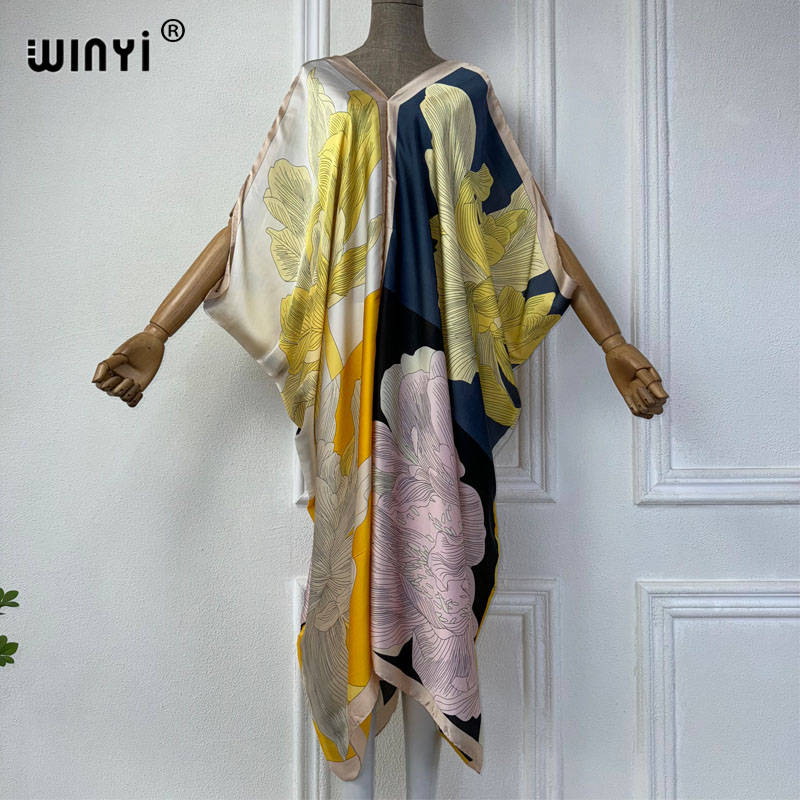Robe Silk Women - WINYI-Vestido de praia estampado com decote